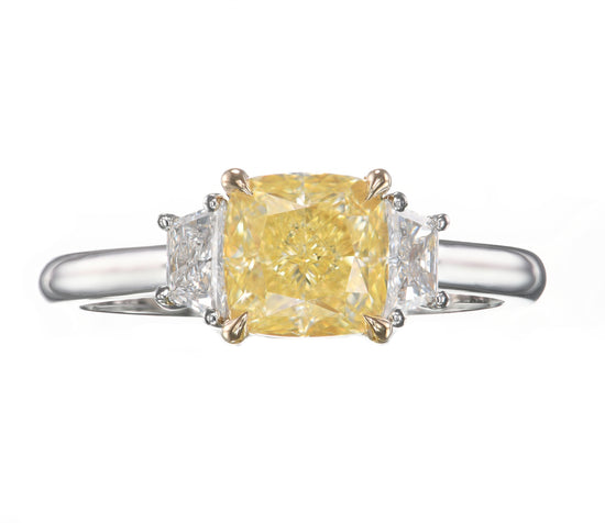 Fancy Yellow Cushion & Trapezoid Diamond Three-stone Ring