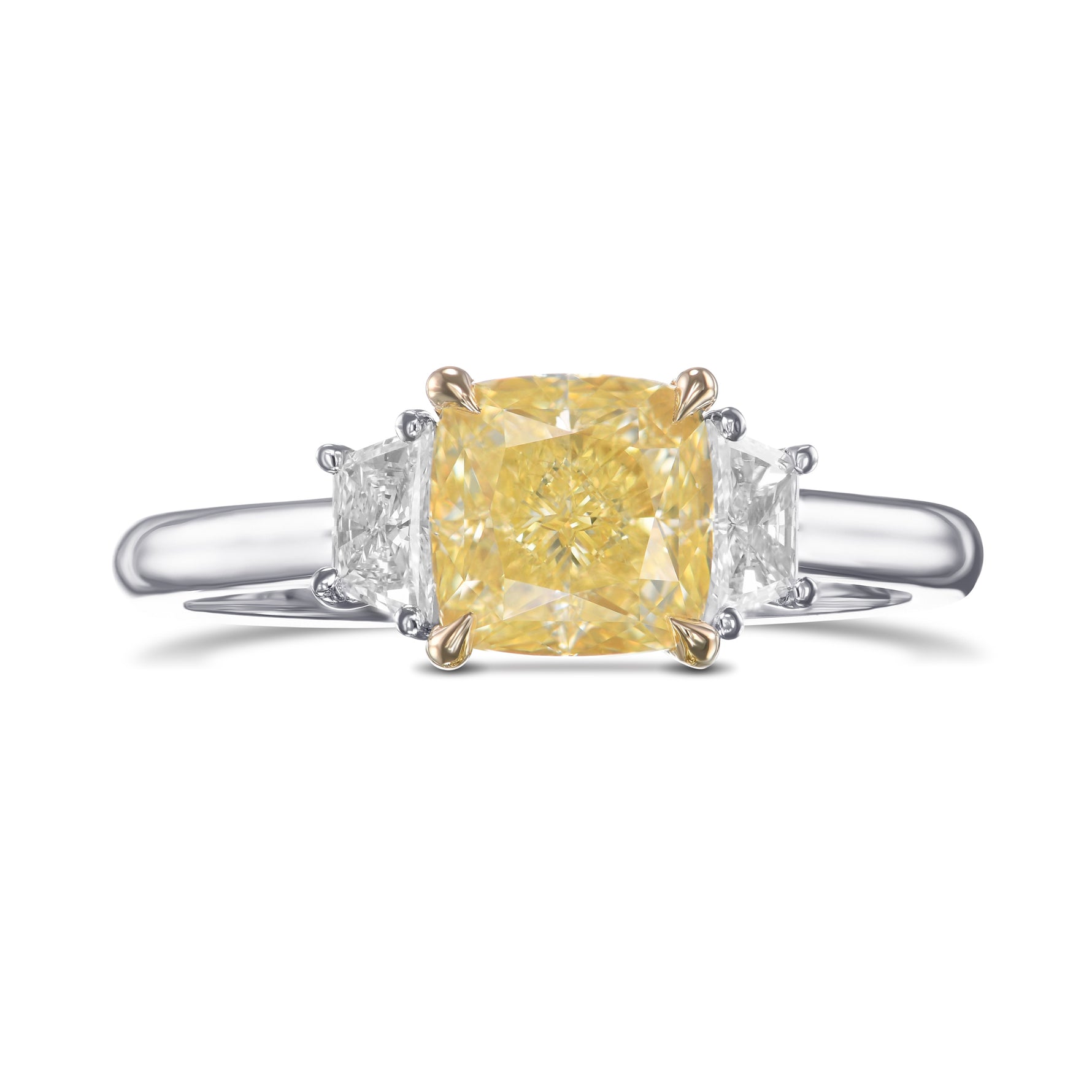 Fancy Yellow Cushion & Trapezoid Diamond Three-stone Ring