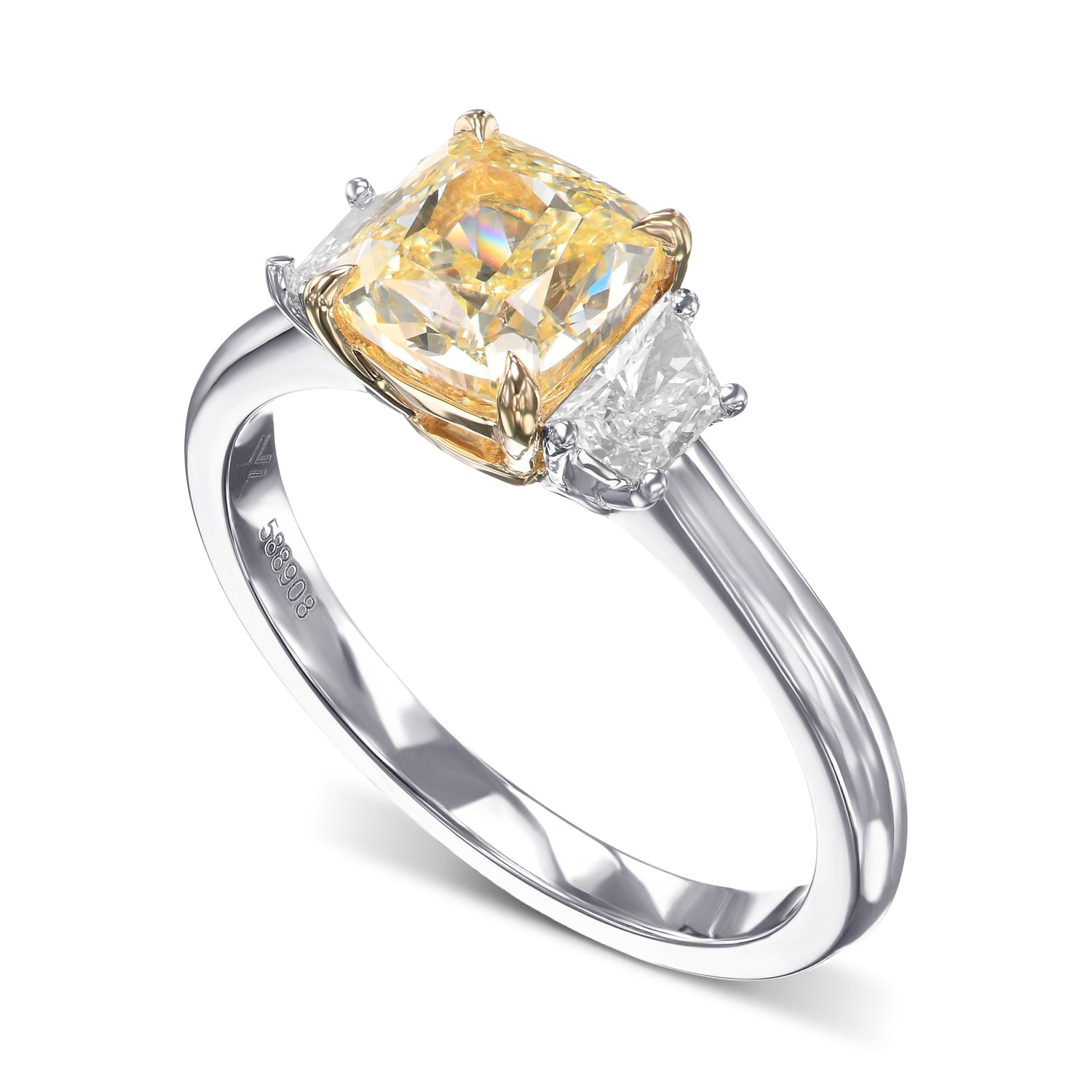 Fancy Yellow Cushion & Trapezoid Diamond Three-stone Ring
