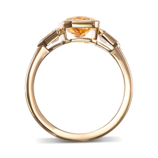 Fancy Deep Orangy Yellow Radiant & Shield Diamond Three-stone Ring