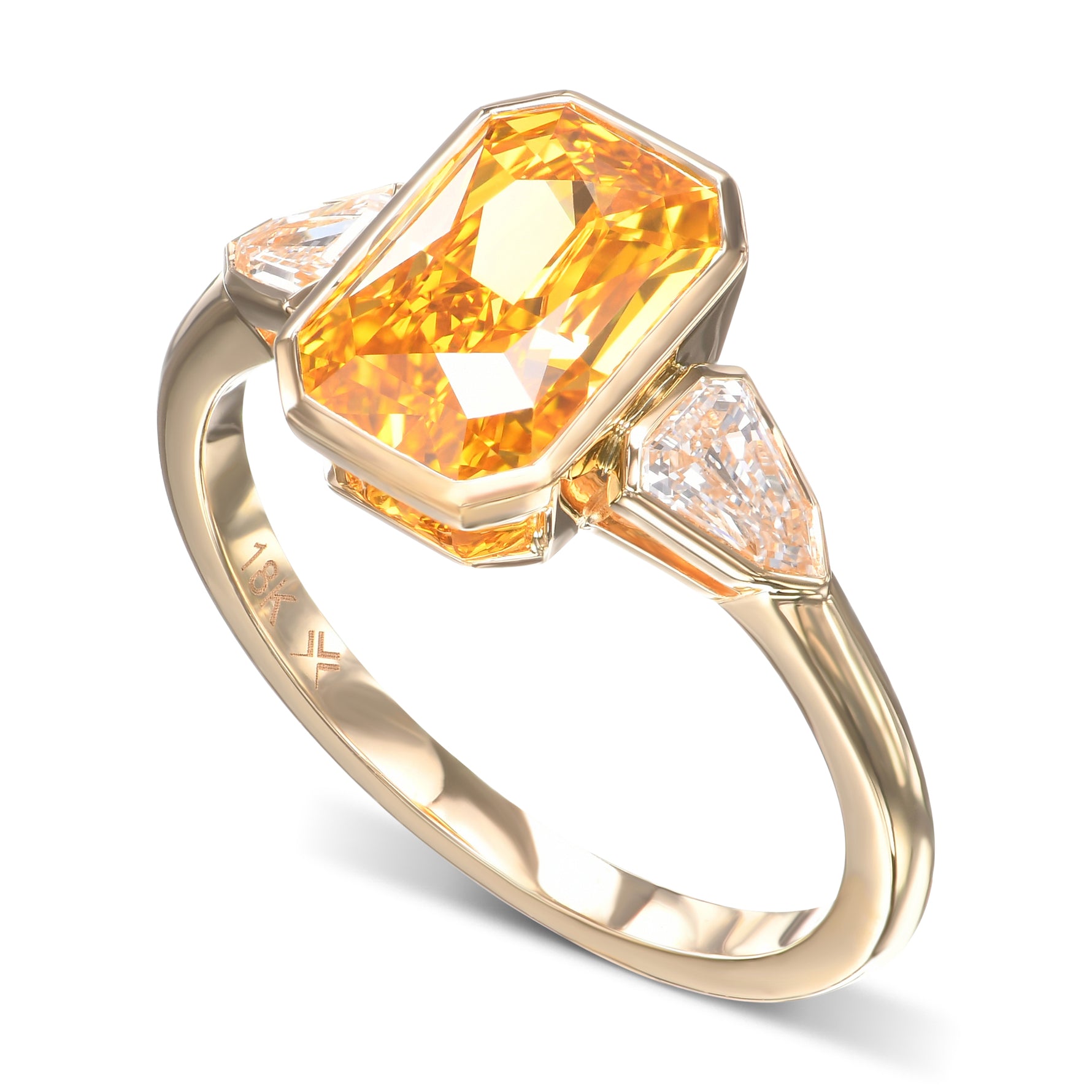 Fancy Deep Orangy Yellow Radiant & Shield Diamond Three-stone Ring