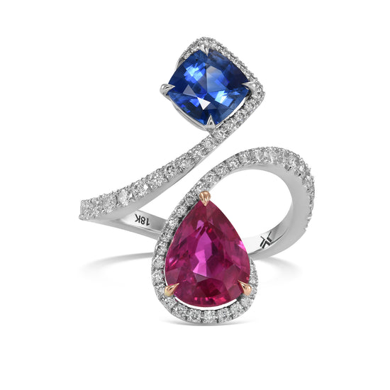 Ruby, Blue Sapphire and Diamond Two-stone Crossover Ring
