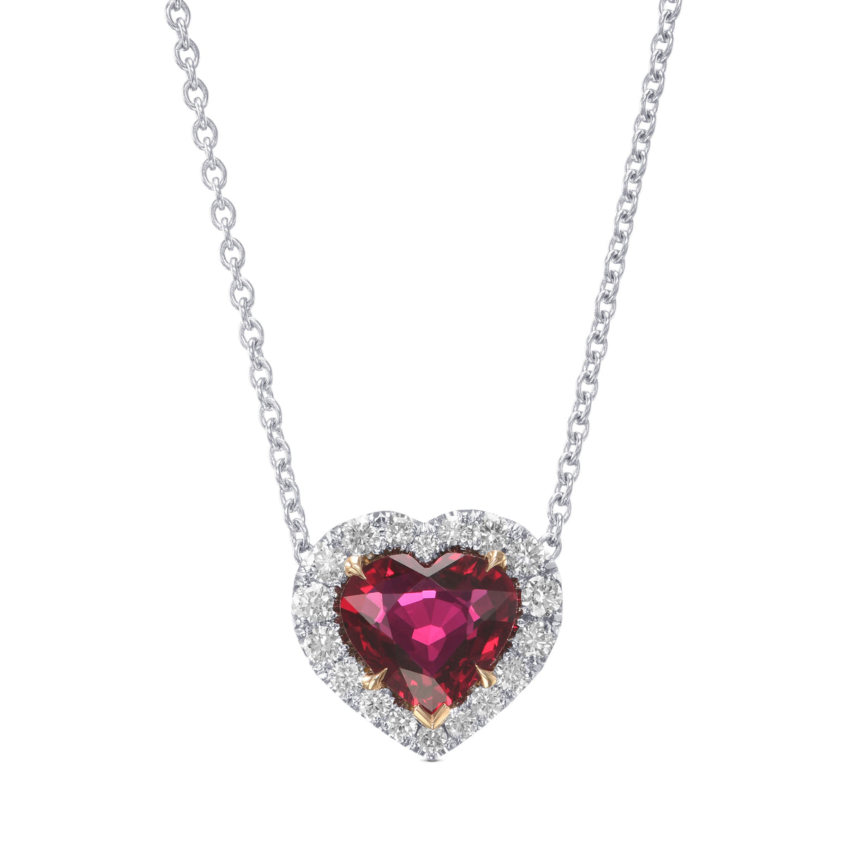Ruby Heart & Colorless Round Diamond Halo Pendant