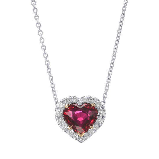 Ruby Heart & Colorless Round Diamond Halo Pendant