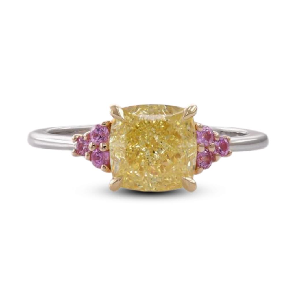 Fancy Yellow Cushion Diamond & Pink Round Sapphire Ring
