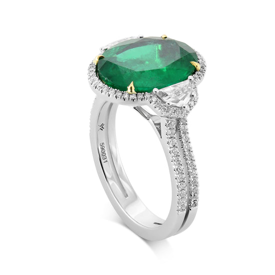 Muzo Emerald & Cadillac Diamond Three-Stone Halo Ring