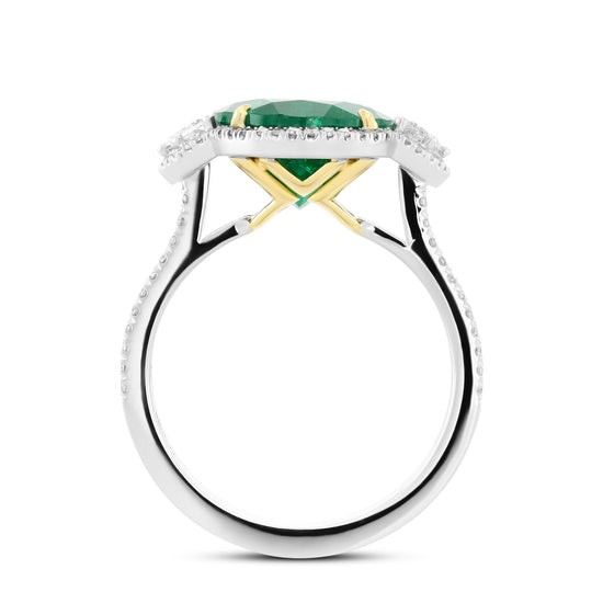 Muzo Emerald & Cadillac Diamond Three-Stone Halo Ring
