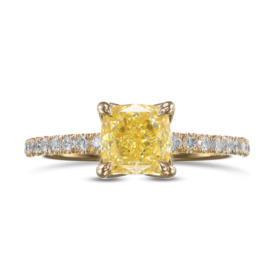 Fancy Intense Yellow Cushion Diamond Solitaire Pave Side-stone Ring