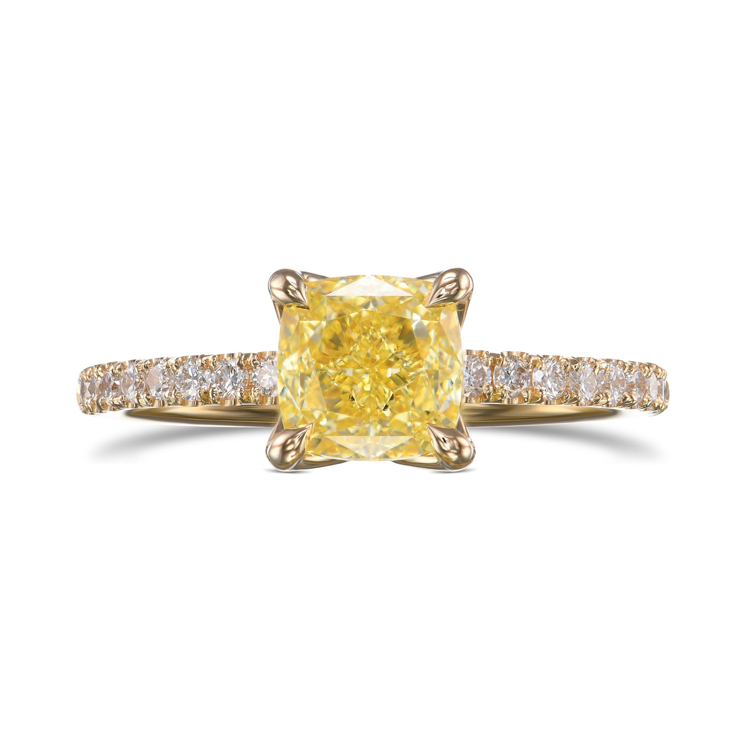 Fancy Intense Yellow Cushion Diamond Solitaire Pave Side-stone Ring
