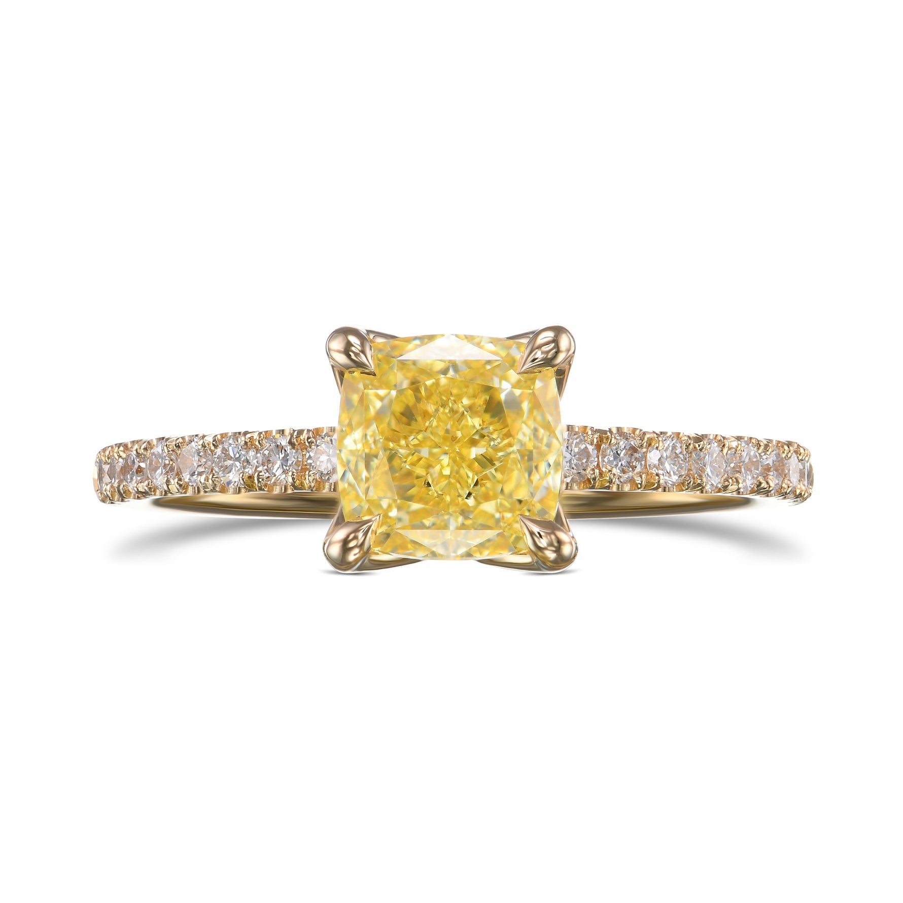 Fancy Intense Yellow Cushion Diamond Solitaire Pave Side-stone Ring