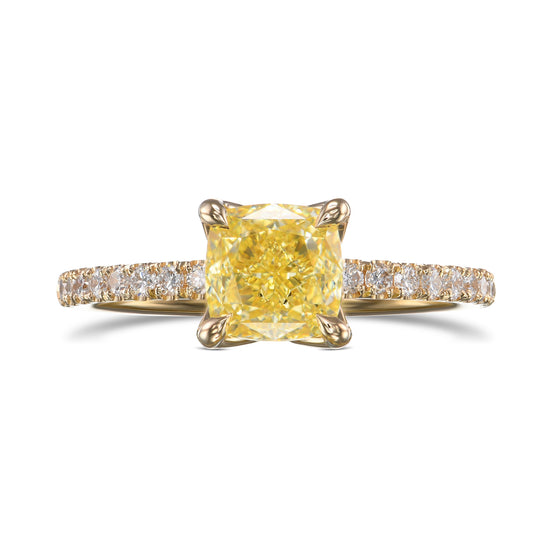 Fancy Intense Yellow Cushion Diamond Solitaire Pave Side-stone Ring