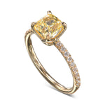 Fancy Intense Yellow Cushion Diamond Solitaire Pave Side-stone Ring