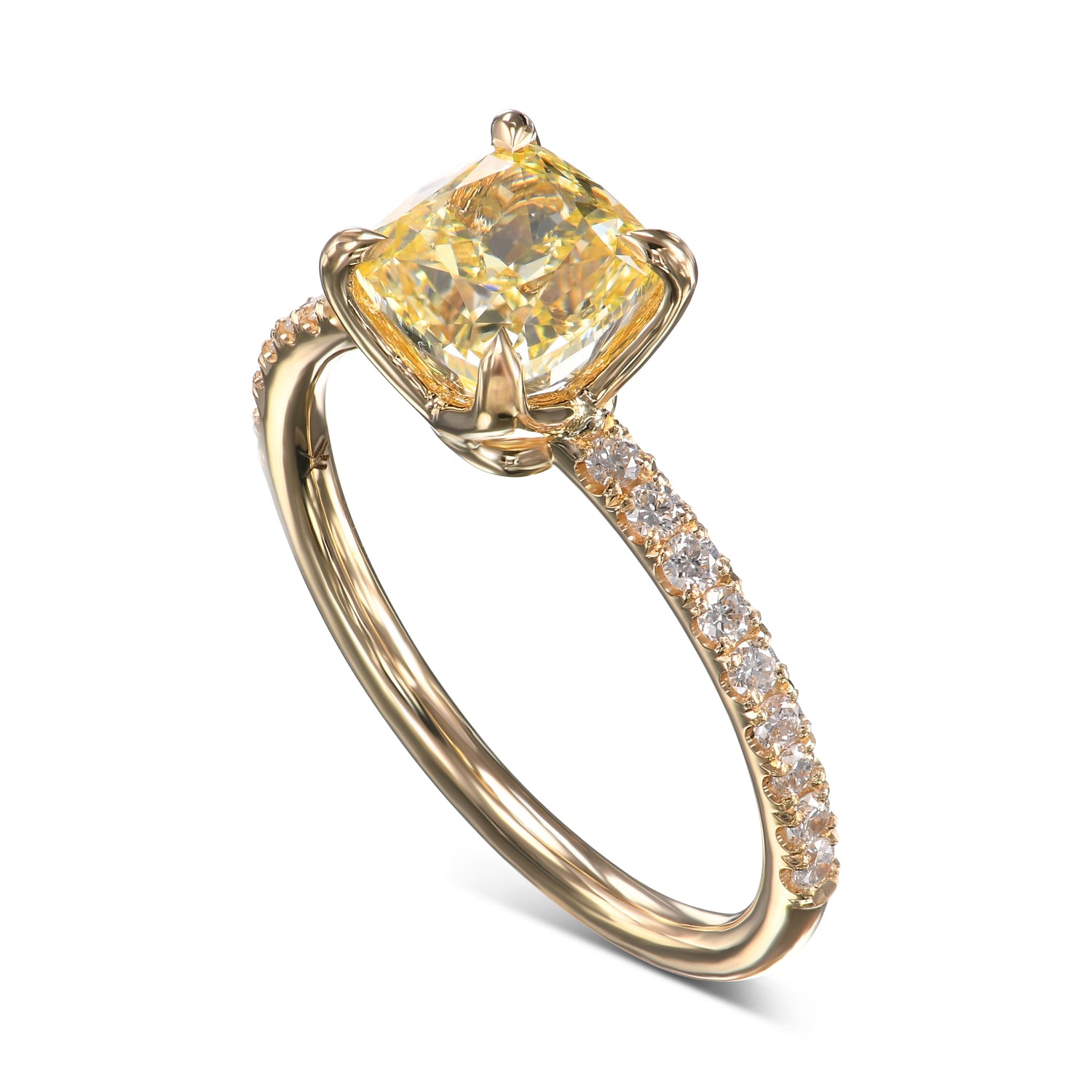 Fancy Intense Yellow Cushion Diamond Solitaire Pave Side-stone Ring