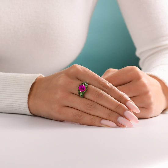 Mogok Vivid Pink Sapphire and Green Tsavorite Bombe Ring