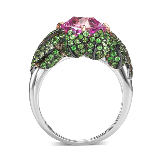 Mogok Vivid Pink Sapphire and Green Tsavorite Bombe Ring