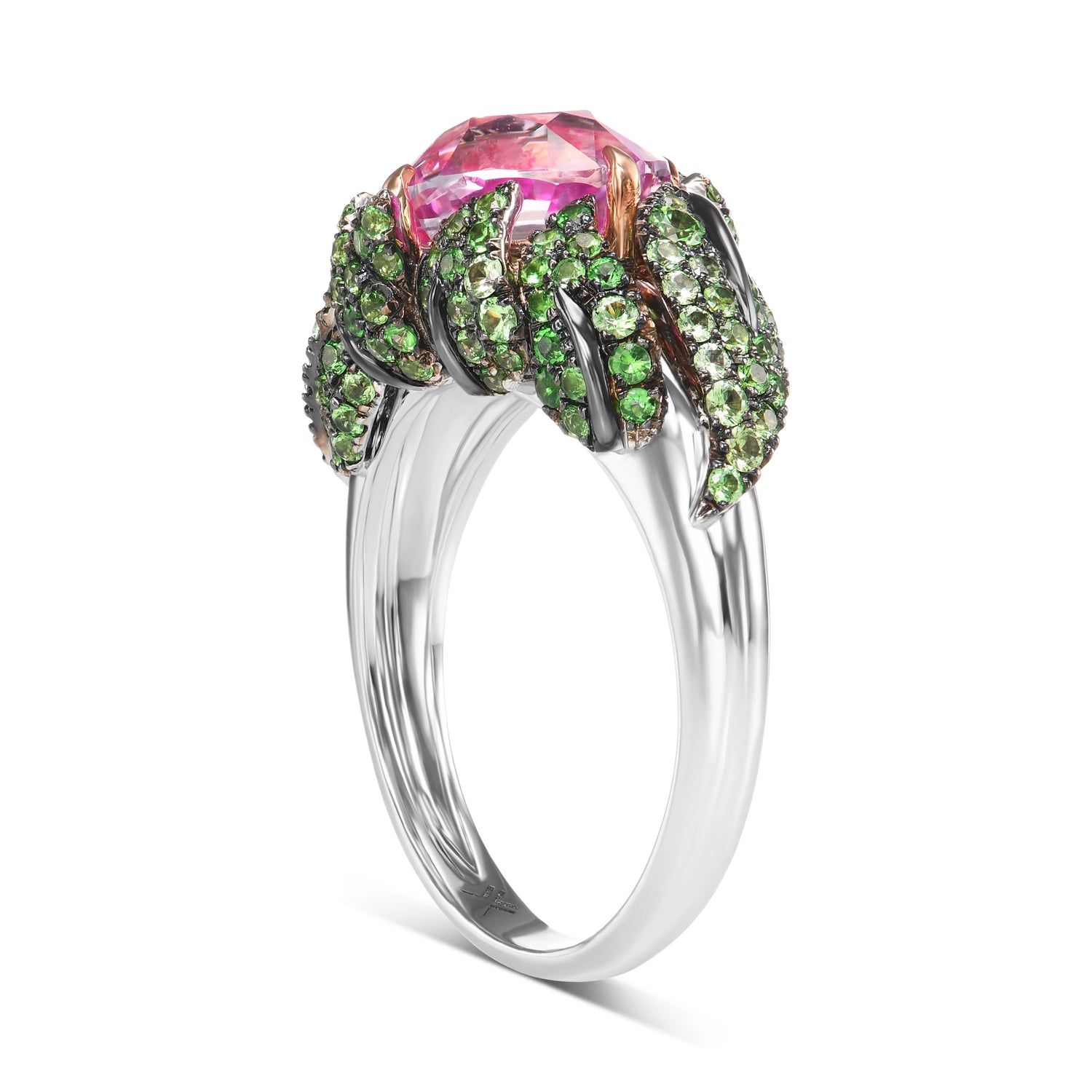 Mogok Vivid Pink Sapphire and Green Tsavorite Bombe Ring
