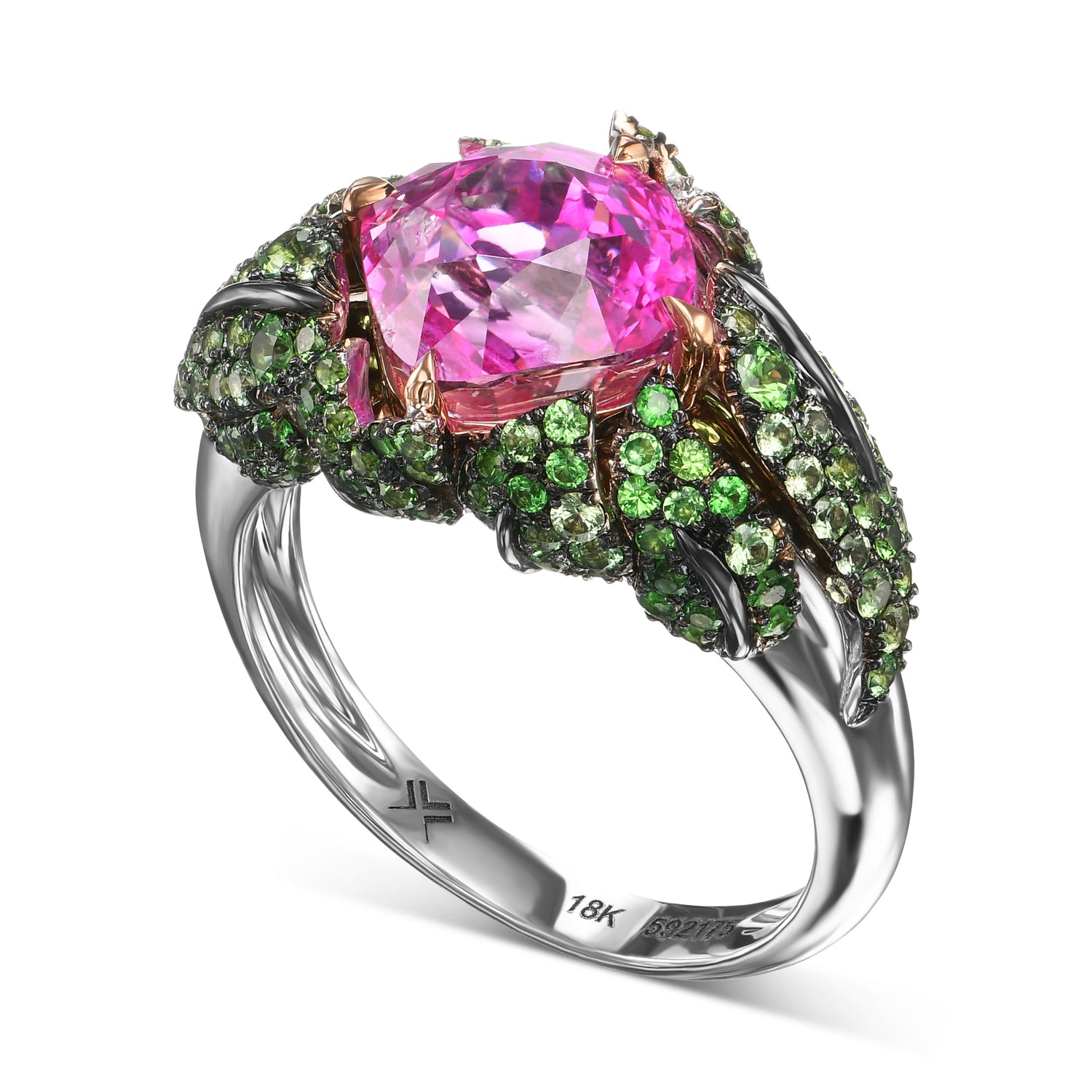 Mogok Vivid Pink Sapphire and Green Tsavorite Bombe Ring