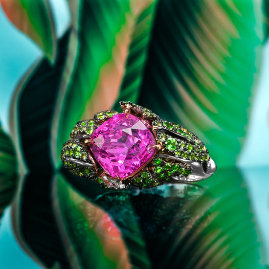 Mogok Vivid Pink Sapphire and Green Tsavorite Bombe Ring