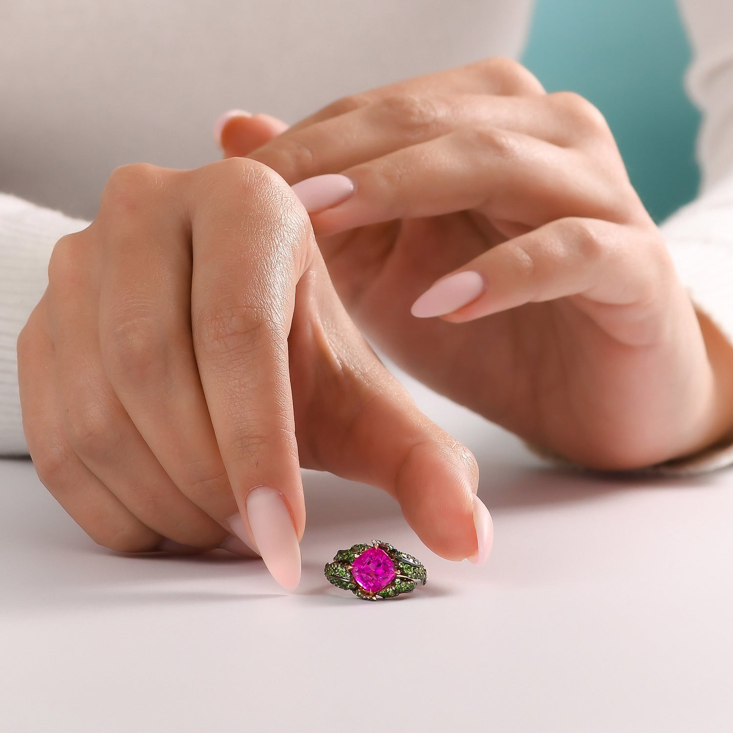 Mogok Vivid Pink Sapphire and Green Tsavorite Bombe Ring