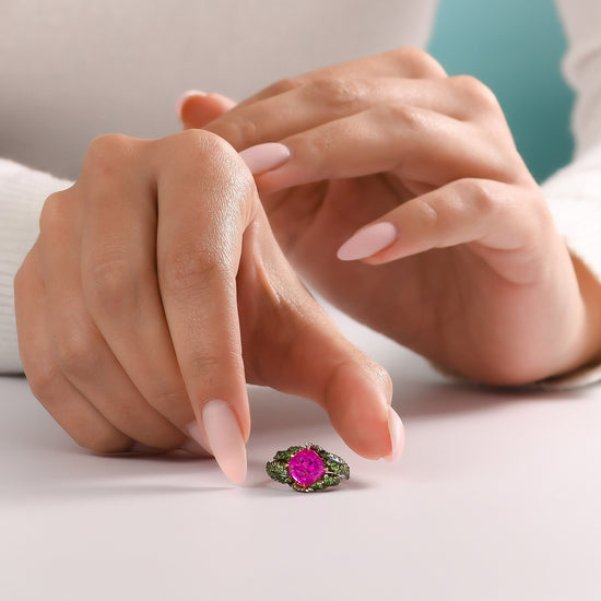 Mogok Vivid Pink Sapphire and Green Tsavorite Bombe Ring