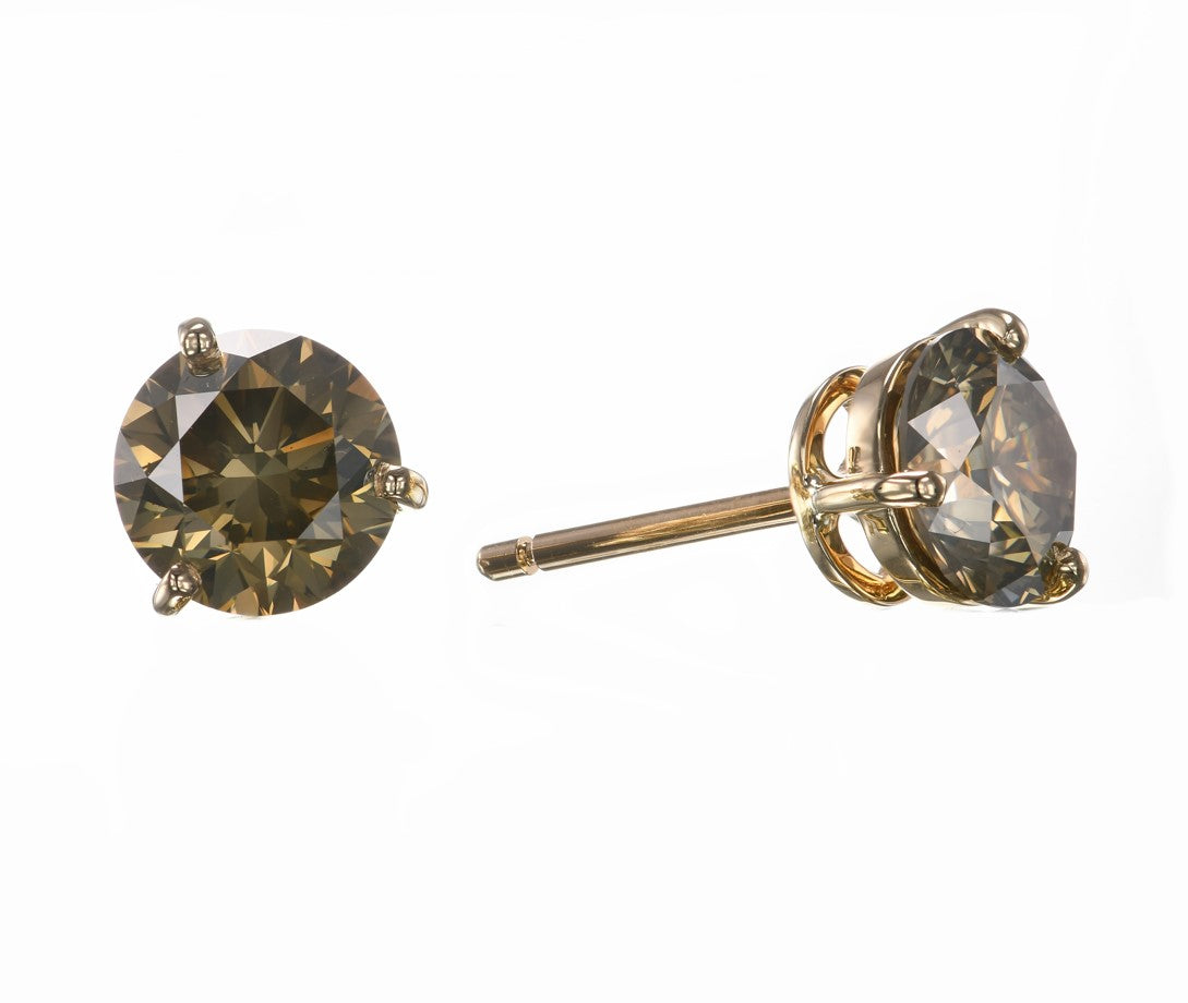 Fancy Brownish Greenish Yellow Round Stud Diamond Earrings
