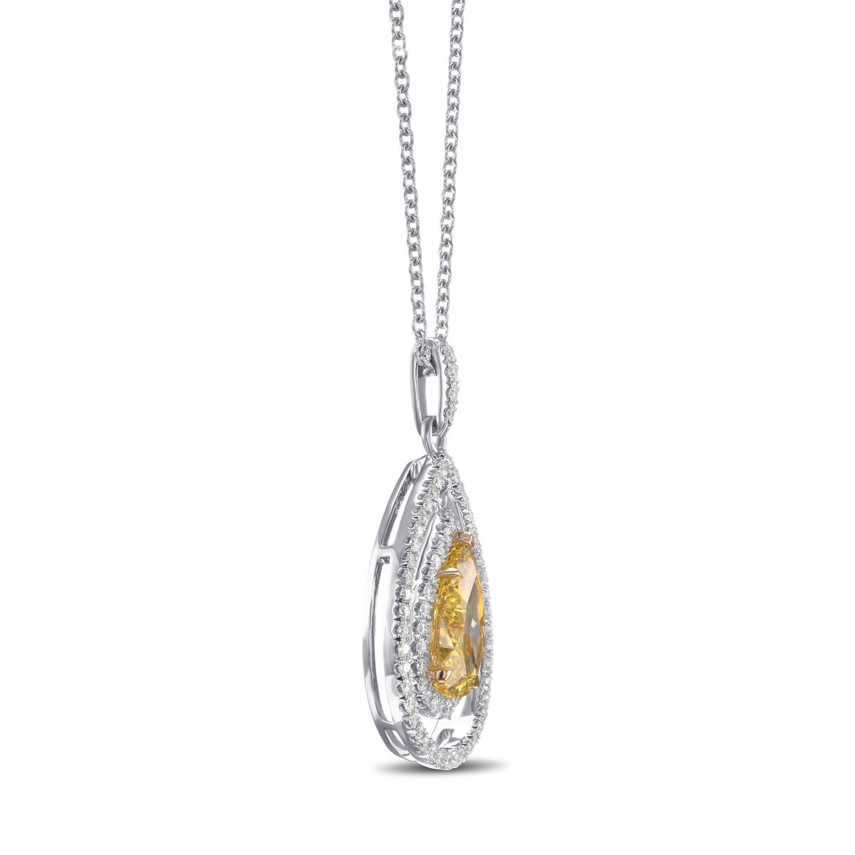 Fancy Deep Yellow Pear Double Halo Diamond Pendant