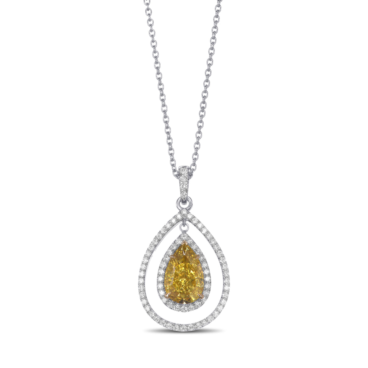 Fancy Deep Yellow Pear Double Halo Diamond Pendant