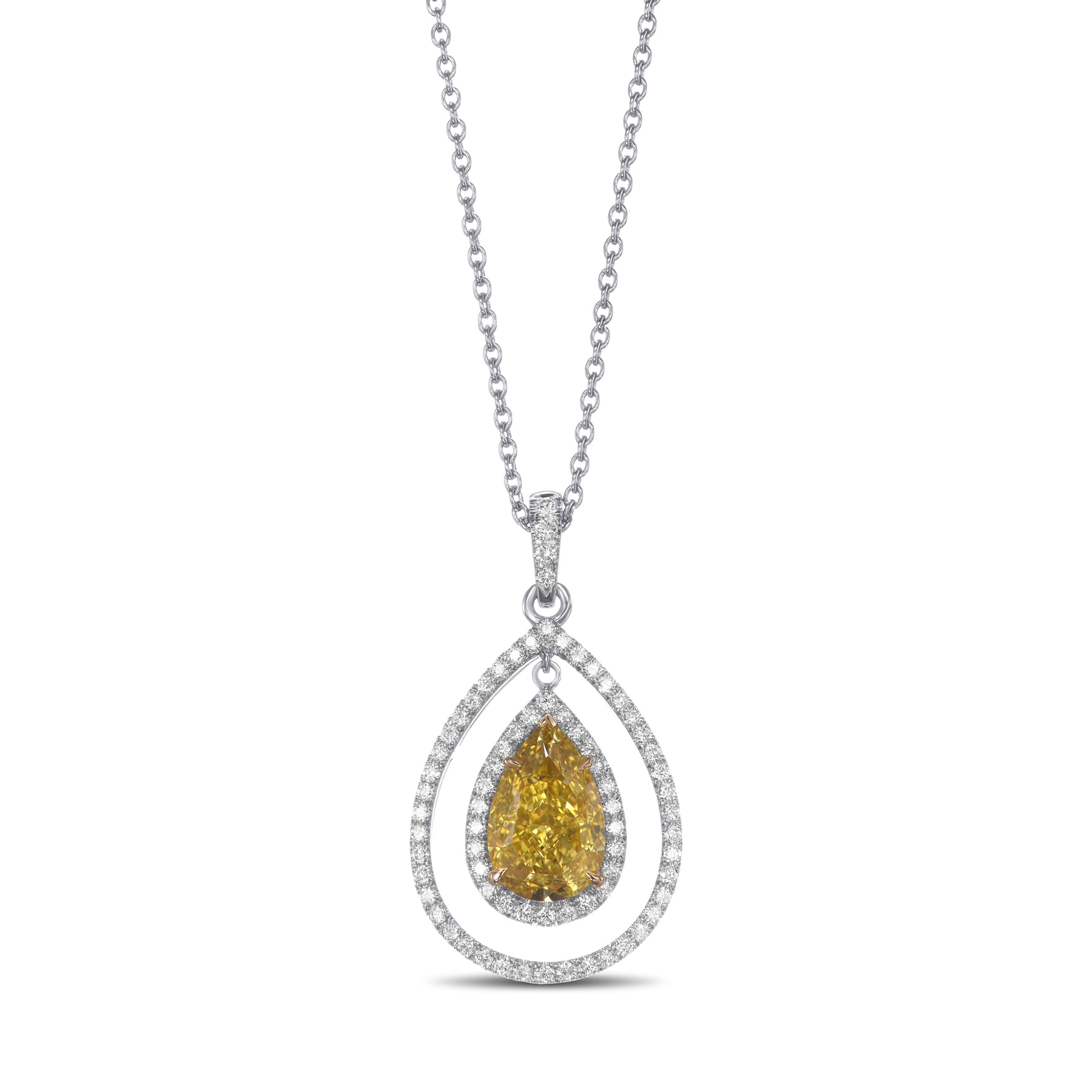 Fancy Deep Yellow Pear Double Halo Diamond Pendant