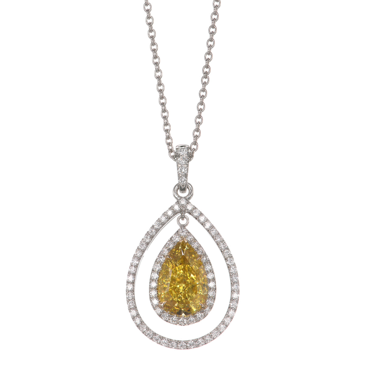 Fancy Deep Yellow Pear Double Halo Diamond Pendant