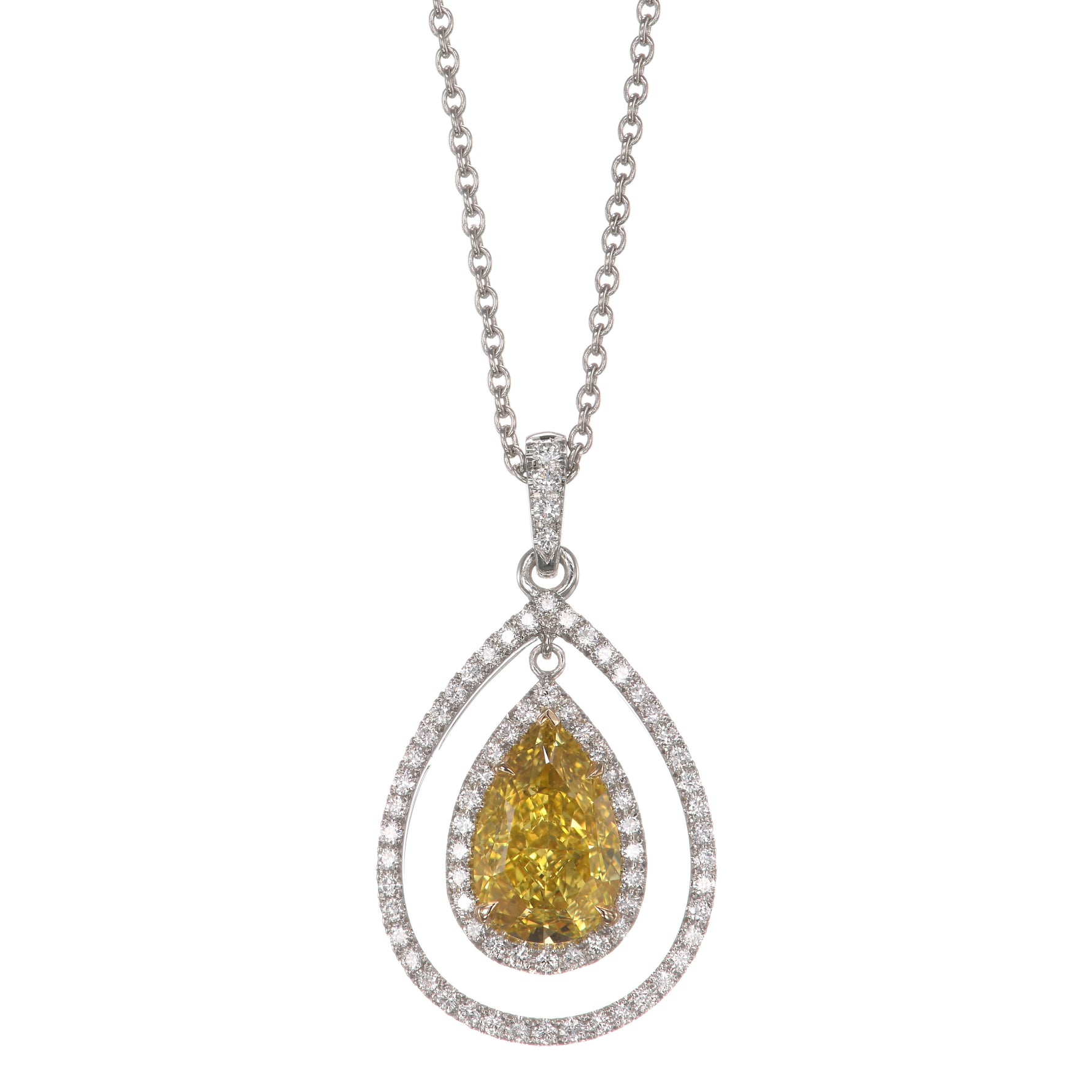 Fancy Deep Yellow Pear Double Halo Diamond Pendant