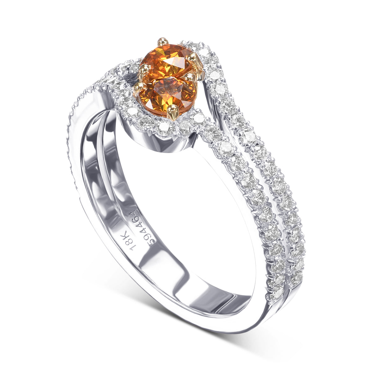 Fancy Deep Brownish Orangy Yellow Rounds, Two-stone Diamond Cross-over Ring