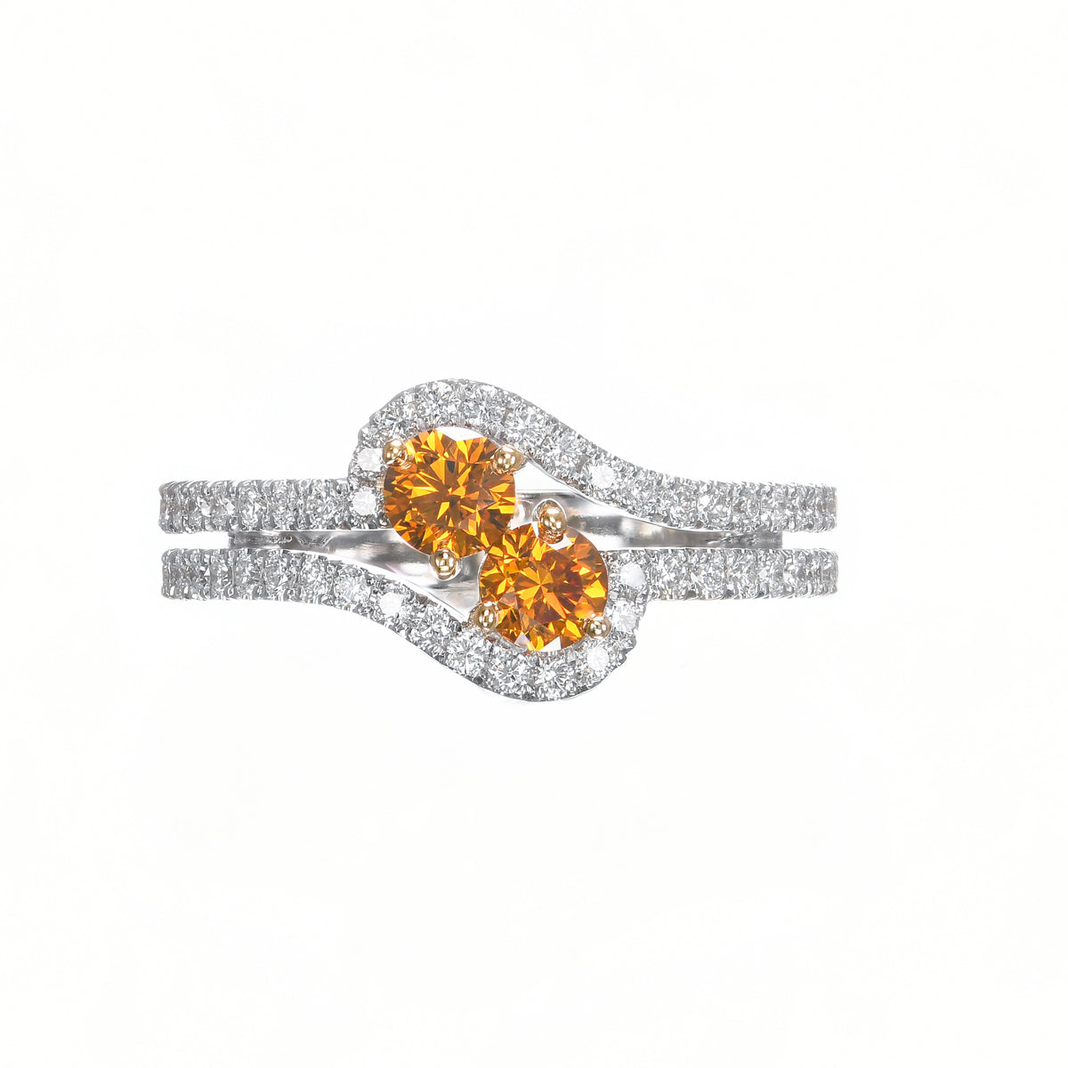 Fancy Deep Brownish Orangy Yellow Rounds, Two-stone Diamond Cross-over Ring
