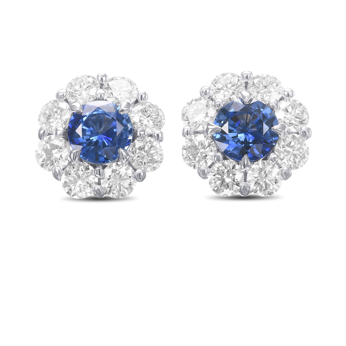 Round Sapphire & Diamond Floral Halo Earrings