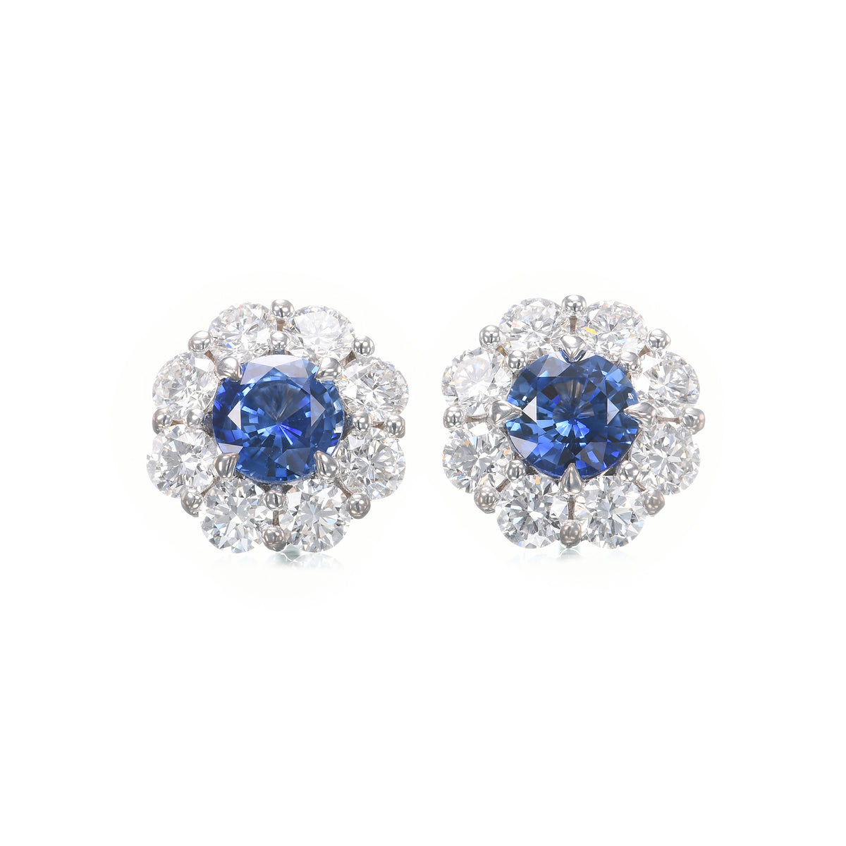 Round Sapphire & Diamond Floral Halo Earrings