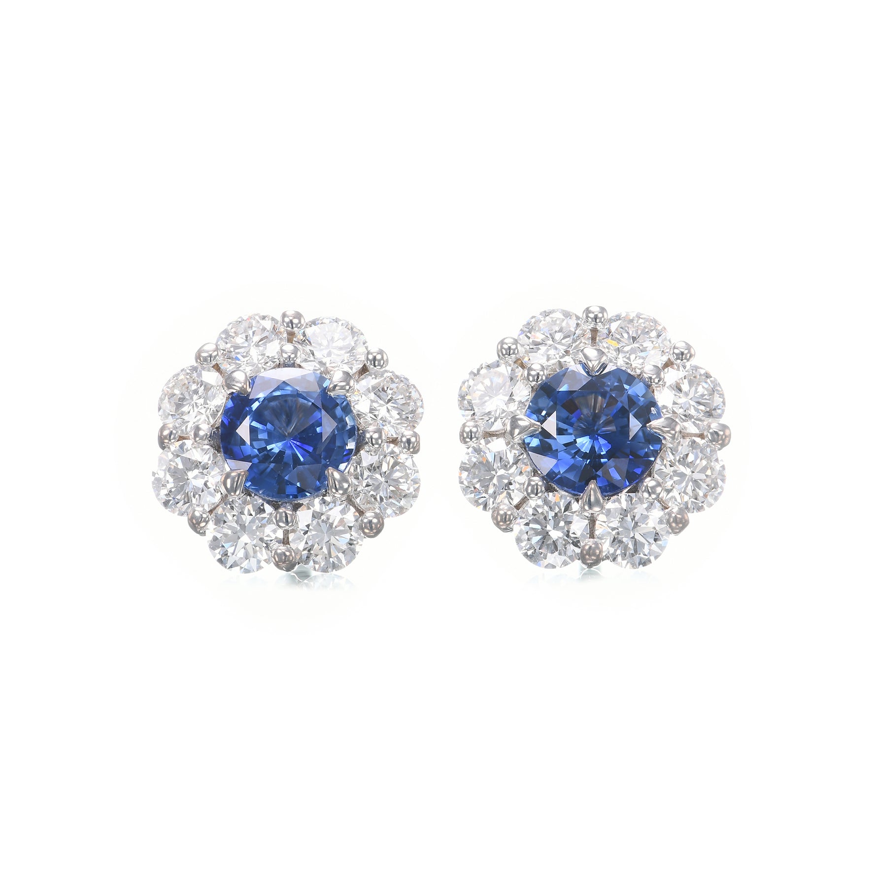 Round Sapphire & Diamond Floral Halo Earrings