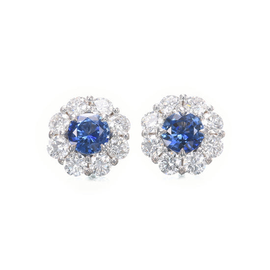 Round Sapphire & Diamond Floral Halo Earrings