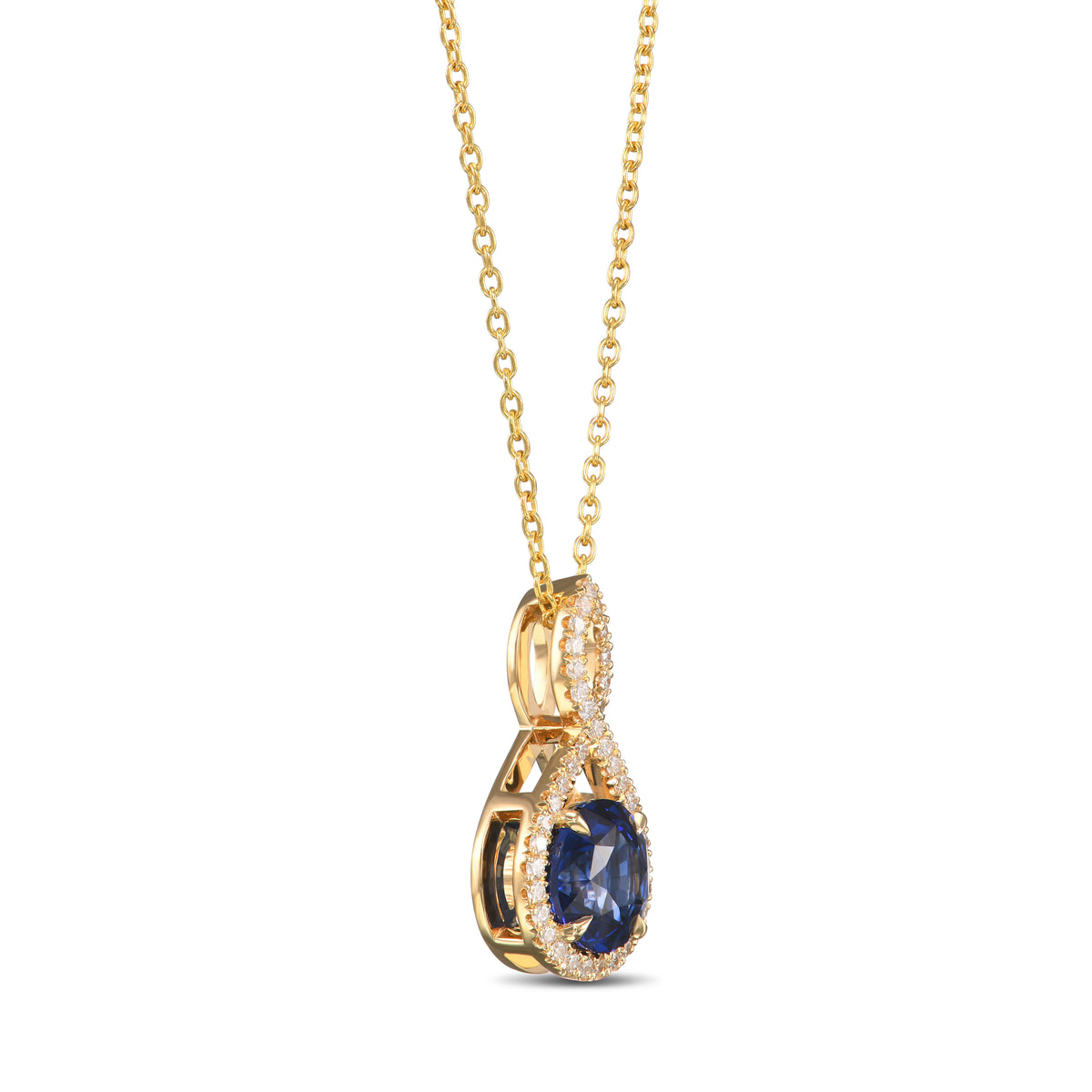 Round Blue Sapphire Cross-over Halo Pendant