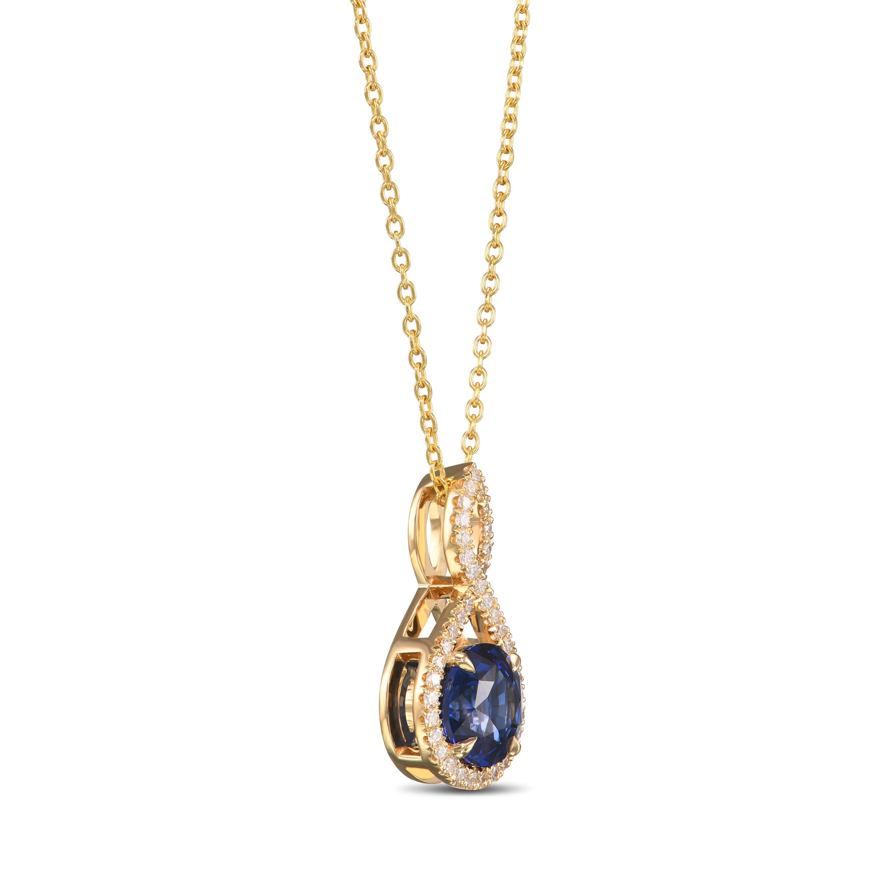 Round Blue Sapphire Cross-over Halo Pendant