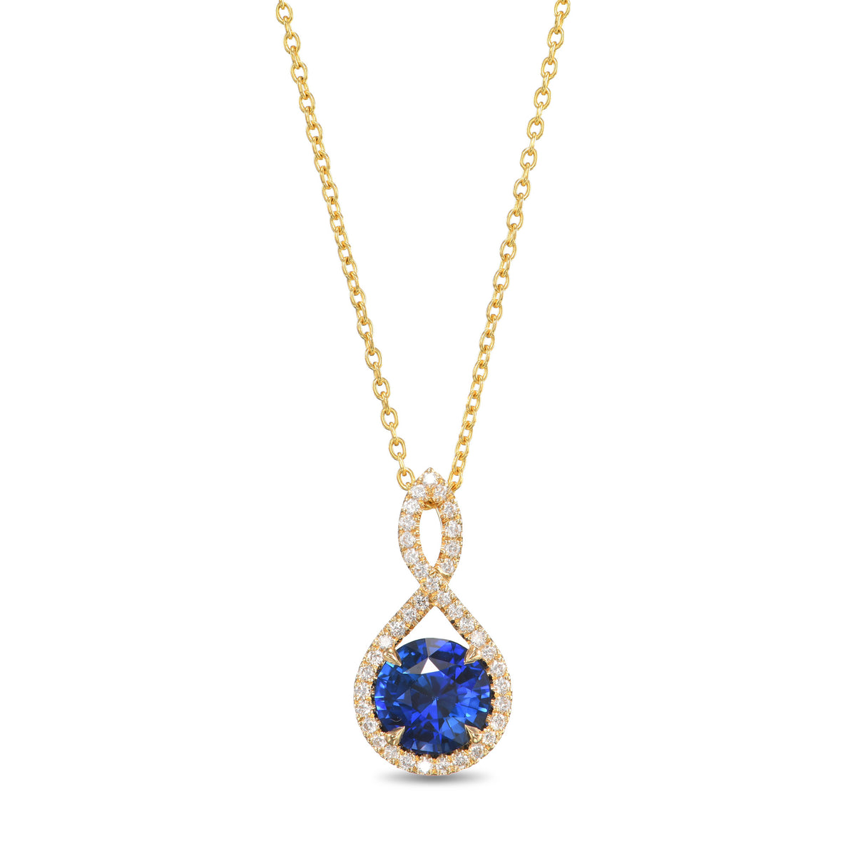 Round Blue Sapphire Cross-over Halo Pendant