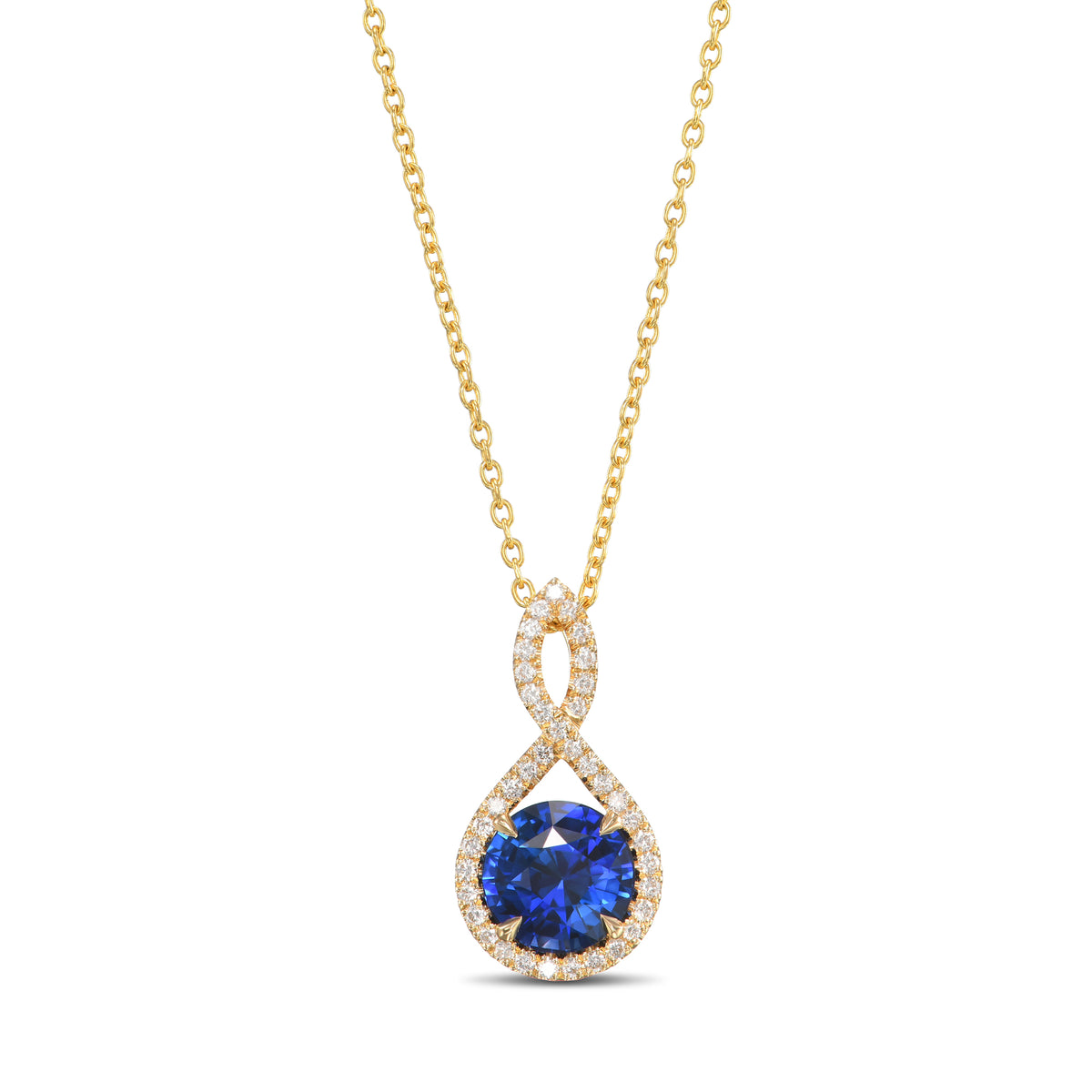 Round Blue Sapphire Cross-over Halo Pendant