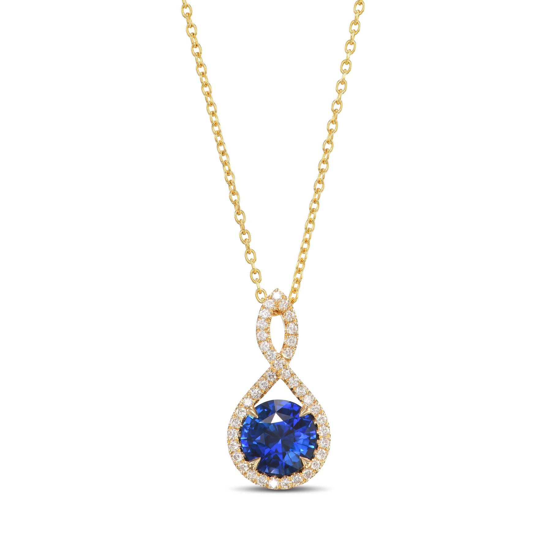 Round Blue Sapphire Cross-over Halo Pendant