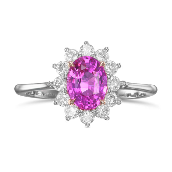  Pink Oval Sapphire & Diamond Halo Ring