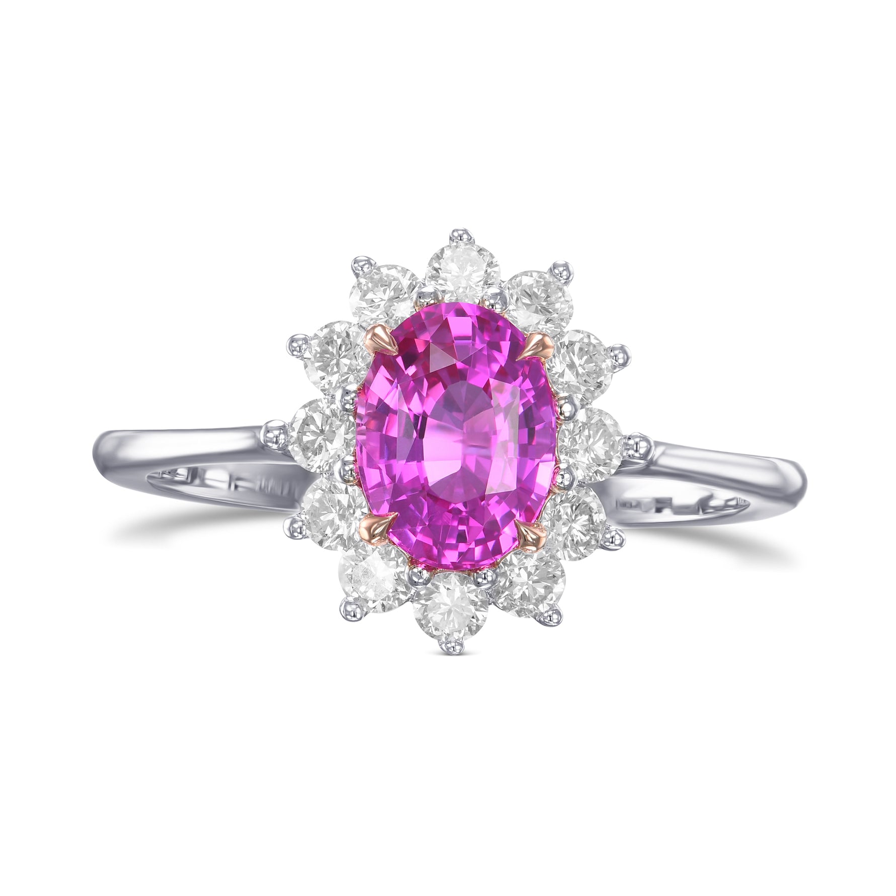  Pink Oval Sapphire & Diamond Halo Ring