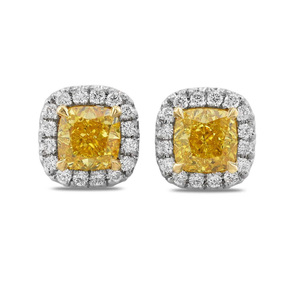 Fancy Vivid Yellow Cushion Diamond Halo Earrings