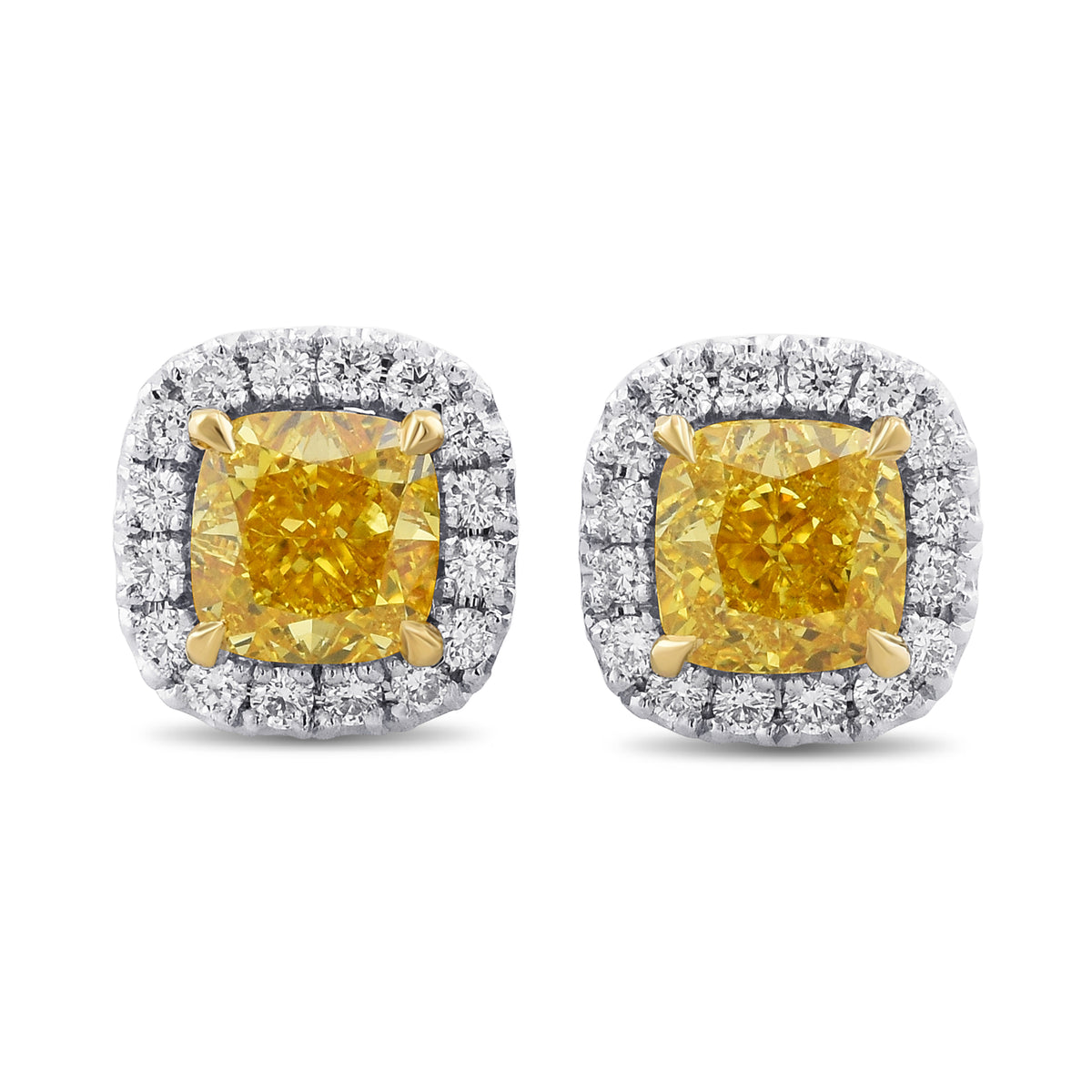 Fancy Vivid Yellow Cushion Diamond Halo Earrings