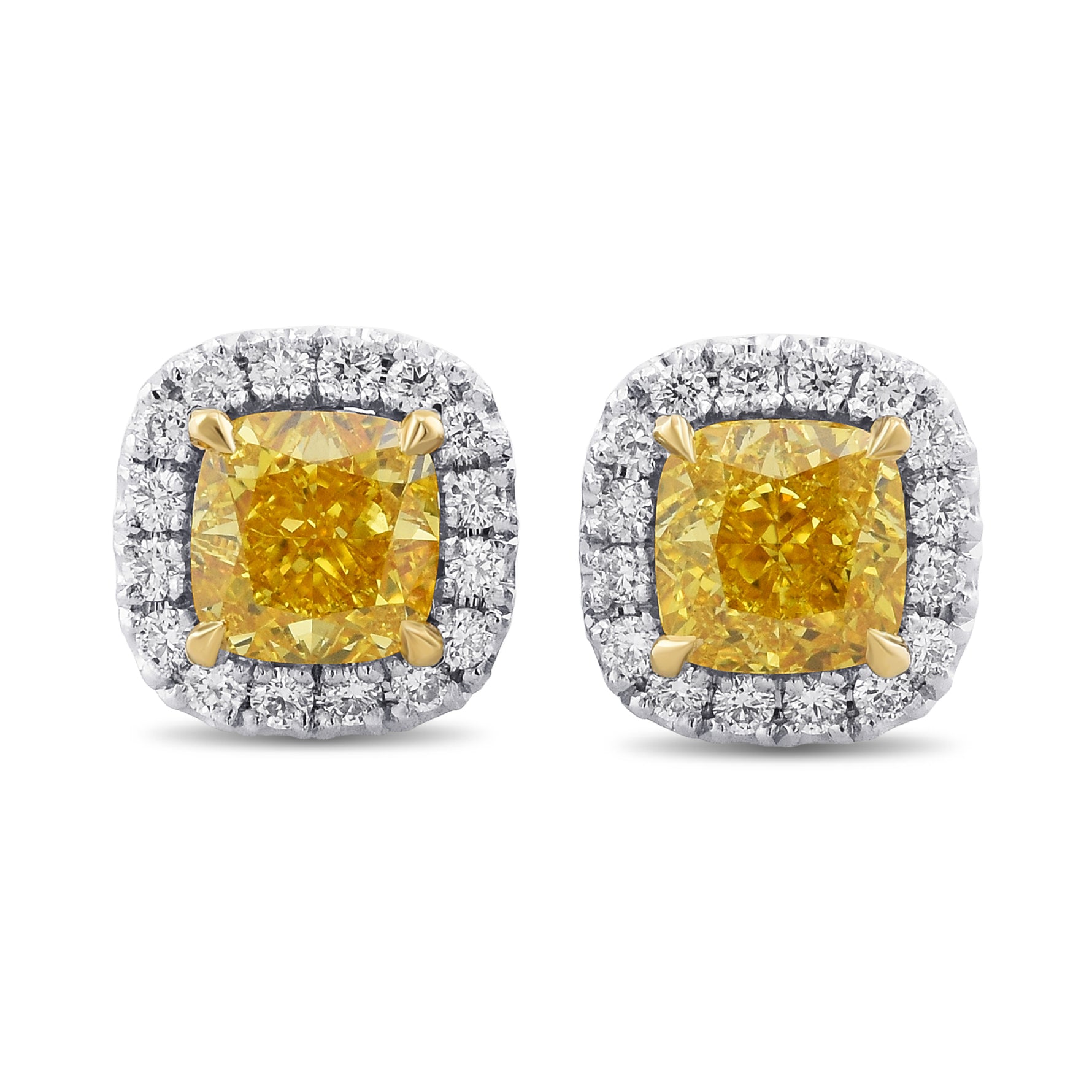 Fancy Vivid Yellow Cushion Diamond Halo Earrings