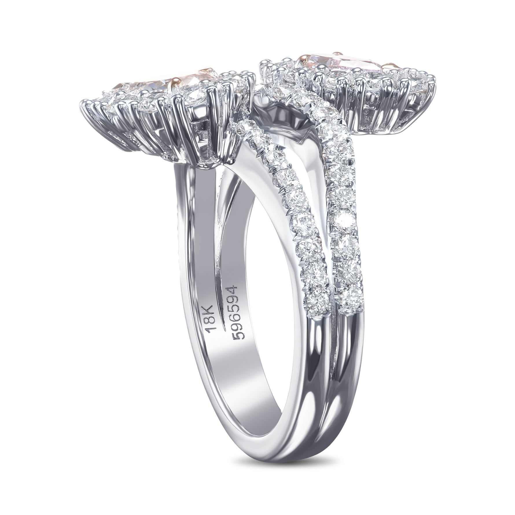  Two-stone Pear Pink Diamond Crossover Halo Ring