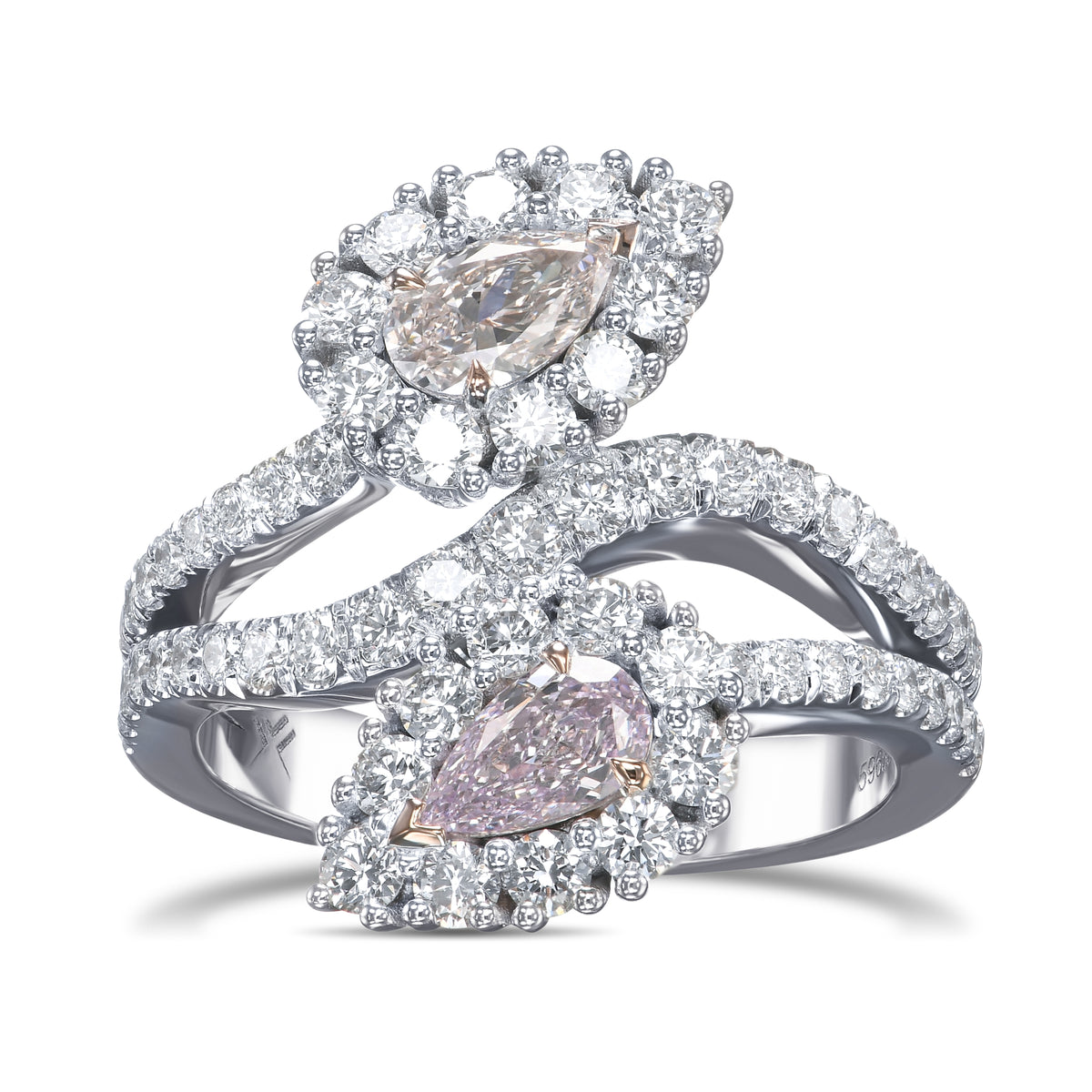  Two-stone Pear Pink Diamond Crossover Halo Ring