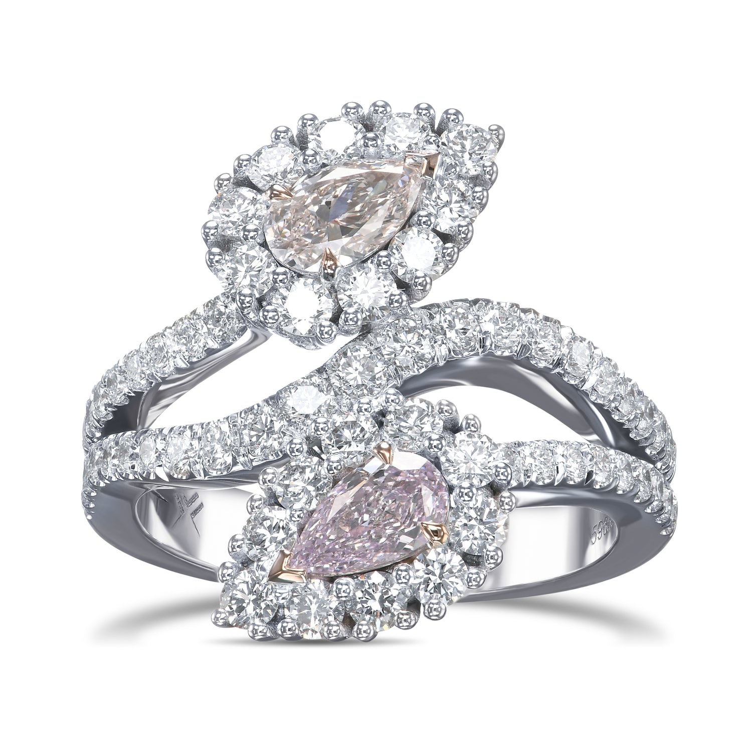  Two-stone Pear Pink Diamond Crossover Halo Ring