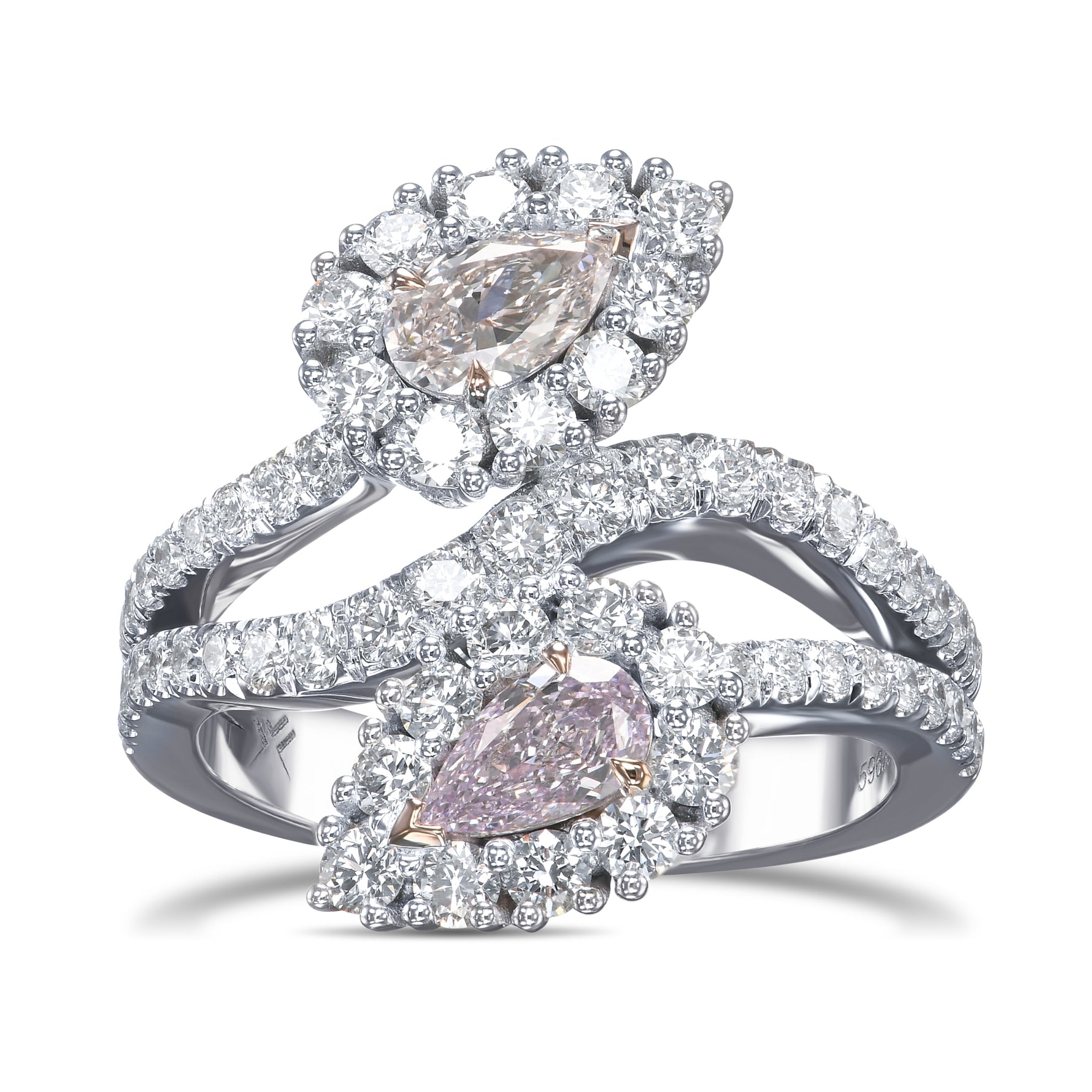  Two-stone Pear Pink Diamond Crossover Halo Ring